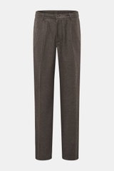 Marco Pescarolo Hose 'Dieci' dunkelbraun meliert, frontale Nahaufnahme der knöchellangen Hose aus softem Cashmere-Baumwoll-Mix mit elastischem Bund, Reißverschluss, Bundknopf, französischen Taschen und Gesäßtaschen mit Knopf, Twill-Optik, Tapered Fit, reg