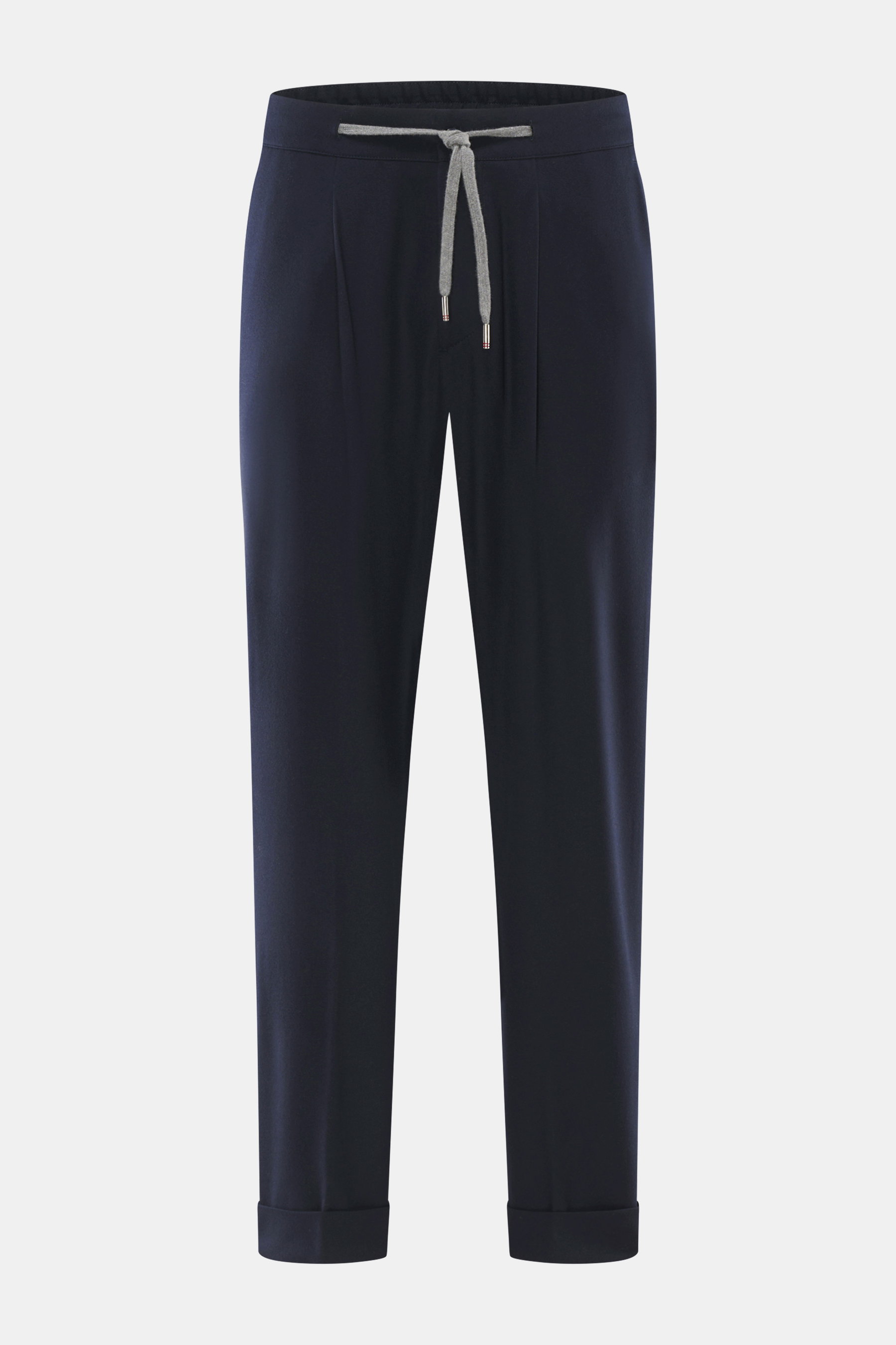 Marco Pescarolo Woll-Jogpants 'Varenne' navy, frontale Nahaufnahme, reine Wolle, Tapered Fit, elastischer Bund mit Tunnelzug, fixierter Saumaufschlag.