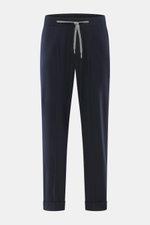 Marco Pescarolo Woll-Jogpants 'Varenne' navy, frontale Nahaufnahme, reine Wolle, Tapered Fit, elastischer Bund mit Tunnelzug, fixierter Saumaufschlag.