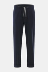 Marco Pescarolo Woll-Jogpants 'Varenne' navy, frontale Nahaufnahme, reine Wolle, Tapered Fit, elastischer Bund mit Tunnelzug, fixierter Saumaufschlag.