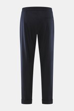 Marco Pescarolo Woll-Jogpants 'Varenne' navy, Rückansicht, reine Wolle, elastischer Bund, Tunnelzug, Zip Fly, französische Taschen, fixierter Saumaufschlag.