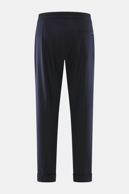 Marco Pescarolo Woll-Jogpants 'Varenne' navy, Rückansicht, reine Wolle, elastischer Bund, Tunnelzug, Zip Fly, französische Taschen, fixierter Saumaufschlag.