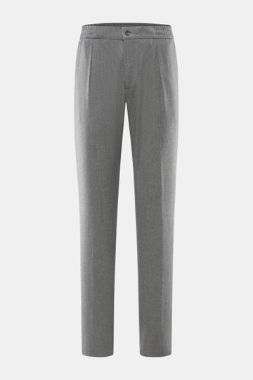Front view of Marco Pescarolo Jogpants 'Chiaia' grey melange made of lightweight virgin wool and silk blend, featuring elastic waistband, zip, button, piped hip pockets, welt back pockets, single waistband pleat, and open length, perfect for casual busine