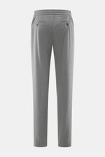Marco Pescarolo Jogpants 'Chiaia' grau meliert, Rückansicht, leichte Schurwoll-Seide, Regular Fit, elastischer Bund, paspelierte Taschen, offen und elegant.