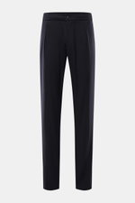 Marco Pescarolo Jogpants 'Chiaia' navy, frontale Nahaufnahme, elegante Hose aus Schurwolle-Seide-Mix, Regular Fit, elastischer Bund, Reißverschluss, Taschen, offene Länge.
