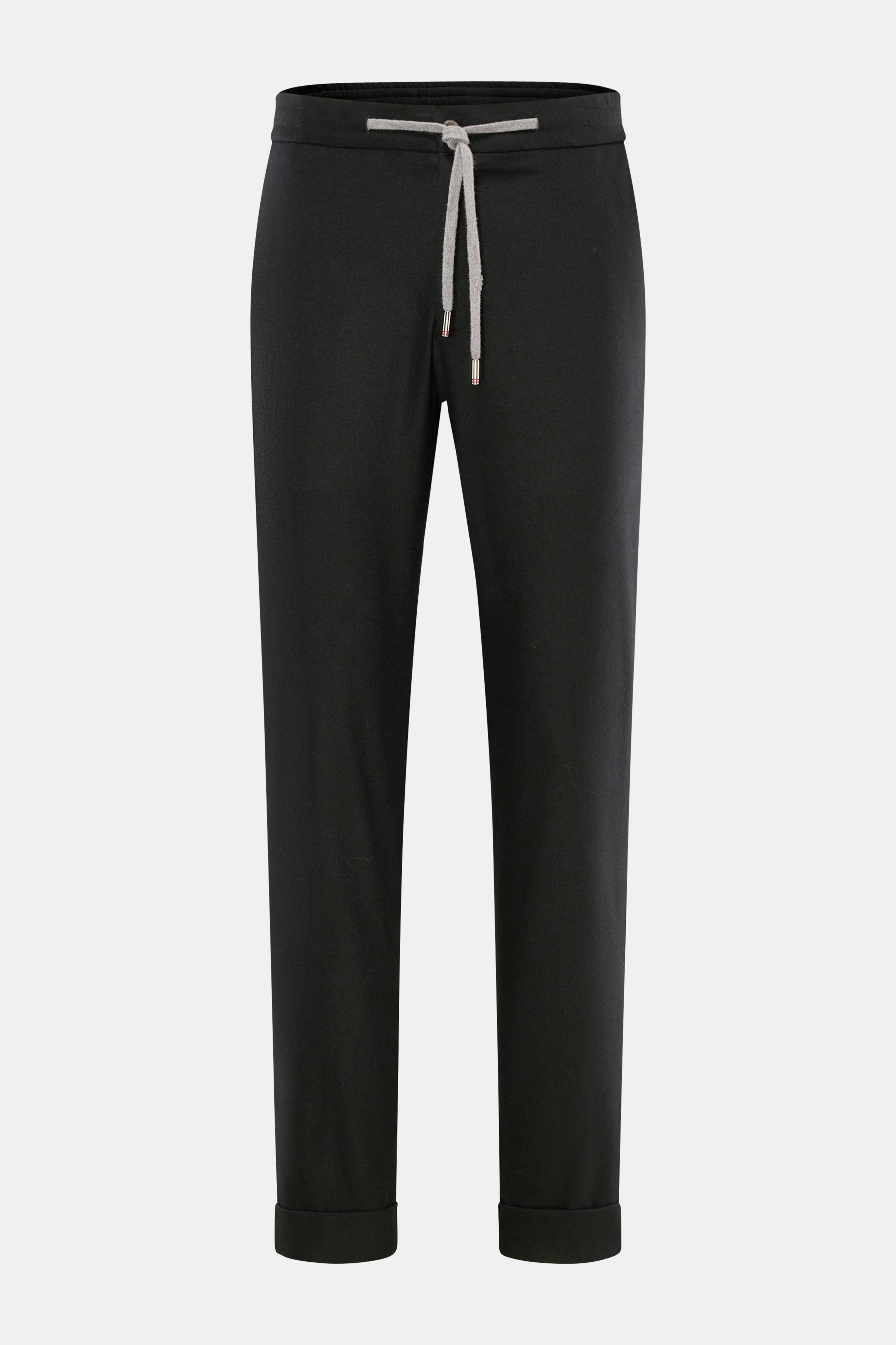 Front view of Marco Pescarolo Wool Jogpants 'Caracciolo' black, featuring elastic waistband with drawstring and fixed hem cuff, made of virgin wool and cashmere, slim tapering, French and back zip pockets, zip fly, and button.