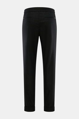 Marco Pescarolo Woll-Jogpants 'Caracciolo' schwarz, Rückansicht, schmal zulaufend, hoher Bund, elastischer Bund mit Tunnelzug, Gesäßtaschen mit Zipper, fixierter Saumaufschlag, Mix aus Schurwolle und Cashmere, Regular Fit.