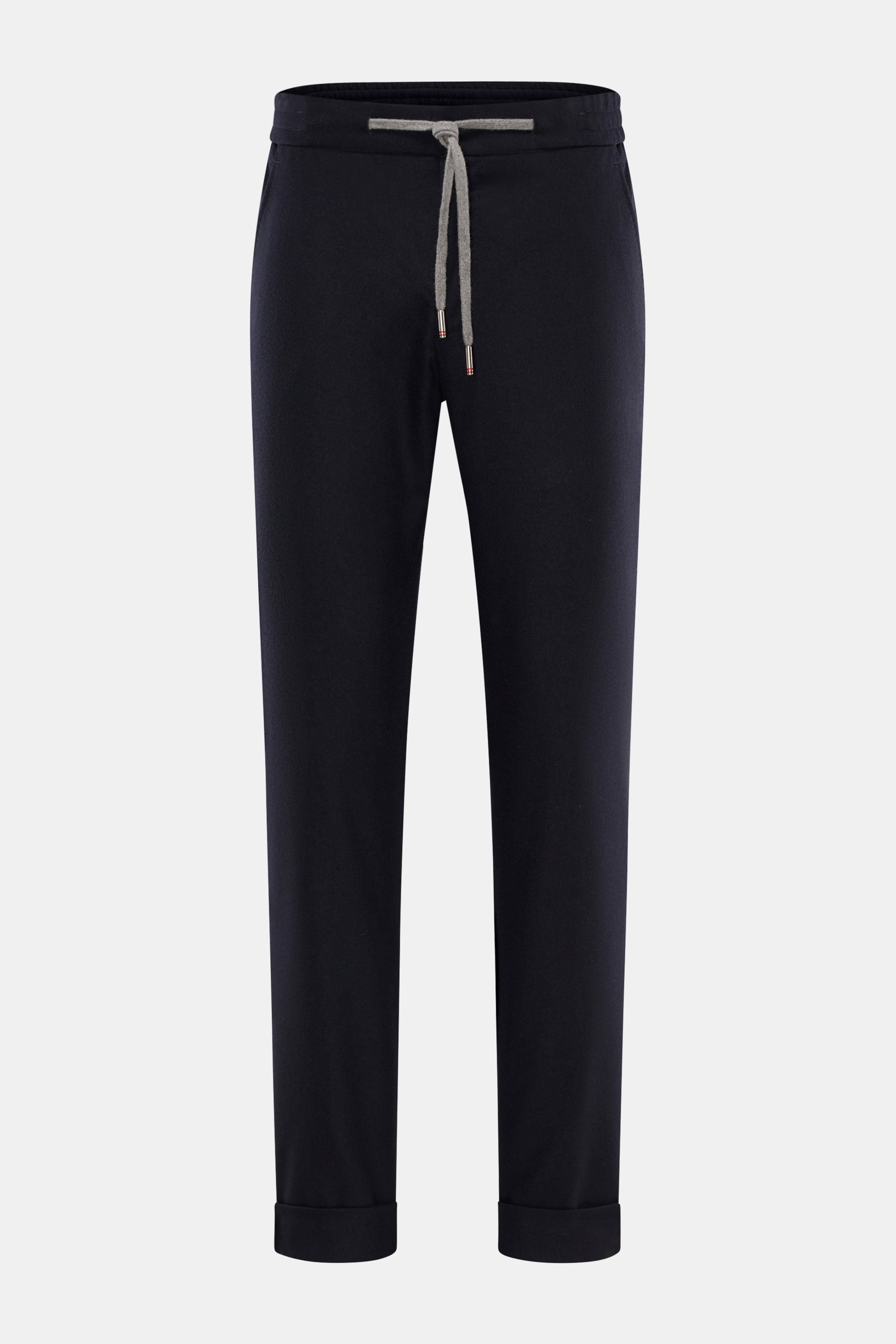 Front view of Marco Pescarolo Wool Jogpants 'Caracciolo' navy, crafted from a virgin wool and cashmere mix, featuring a high elastic waistband with drawstring, zip fly, button, French and back zip pockets, very slim tapering, regular fit, slightly elastic
