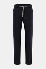Frontale Nahaufnahme der Marco Pescarolo Woll-Jogpants 'Caracciolo' navy aus Schurwolle und Cashmere, Regular Fit, elastischem Bund mit Tunnelzug und fixiertem Saumaufschlag.