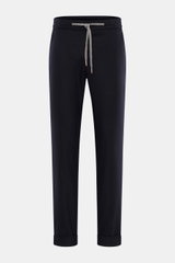 Frontale Nahaufnahme der Marco Pescarolo Woll-Jogpants 'Caracciolo' navy aus Schurwolle und Cashmere, Regular Fit, elastischem Bund mit Tunnelzug und fixiertem Saumaufschlag.