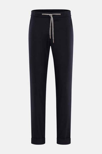 Front view of Marco Pescarolo Wool Jogpants 'Caracciolo' navy, crafted from a virgin wool and cashmere mix, featuring a high elastic waistband with drawstring, zip fly, button, French and back zip pockets, very slim tapering, regular fit, slightly elastic