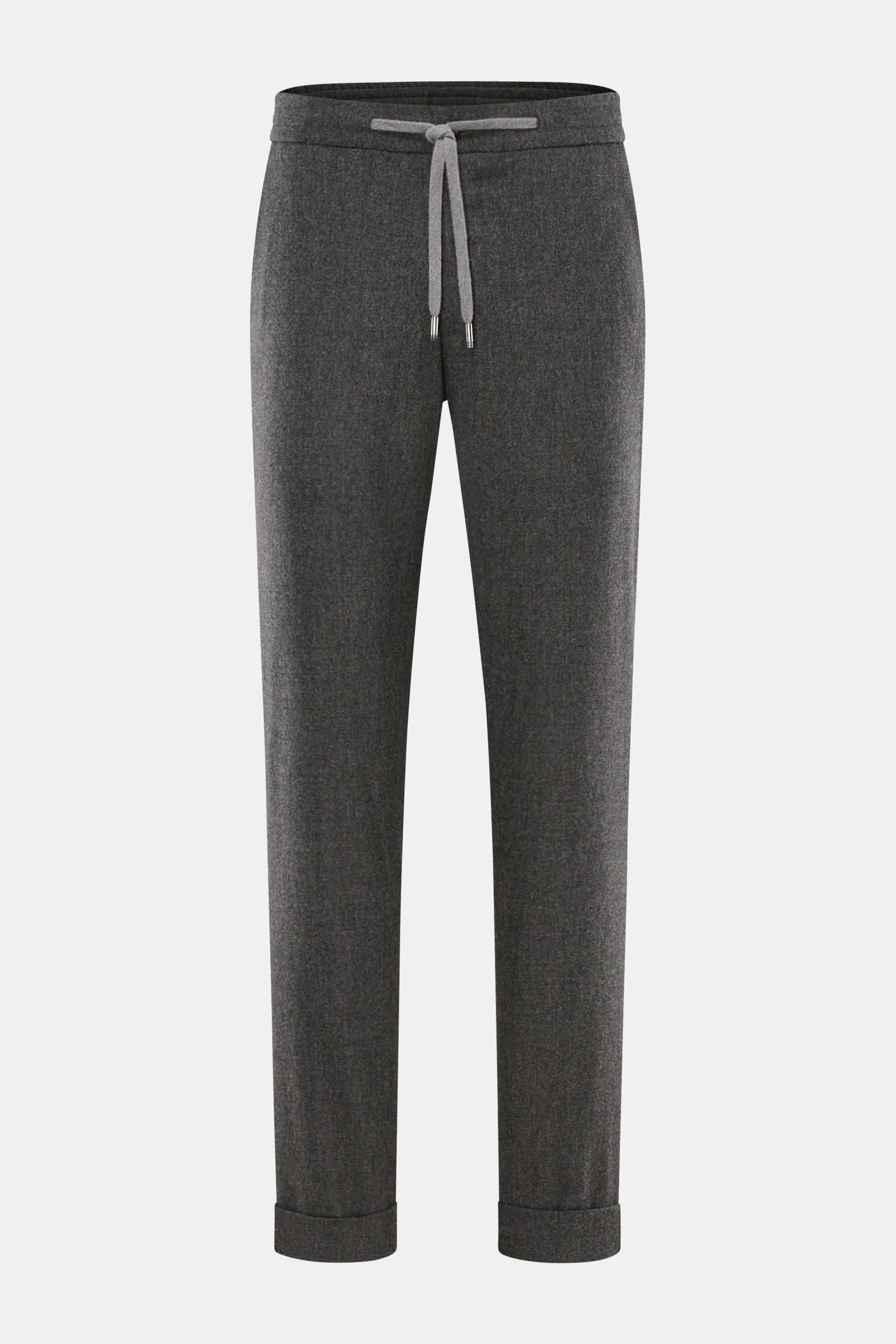 Front view of Marco Pescarolo Wool Jogpants 'Caracciolo' dark grey melange with elastic waistband, drawstring, slim tapering, and fixed hem cuffs.

Description: <p>The elegant 'Caracciolo' jogpants of the Italian label MARCO PESCAROLO combines fine virgin