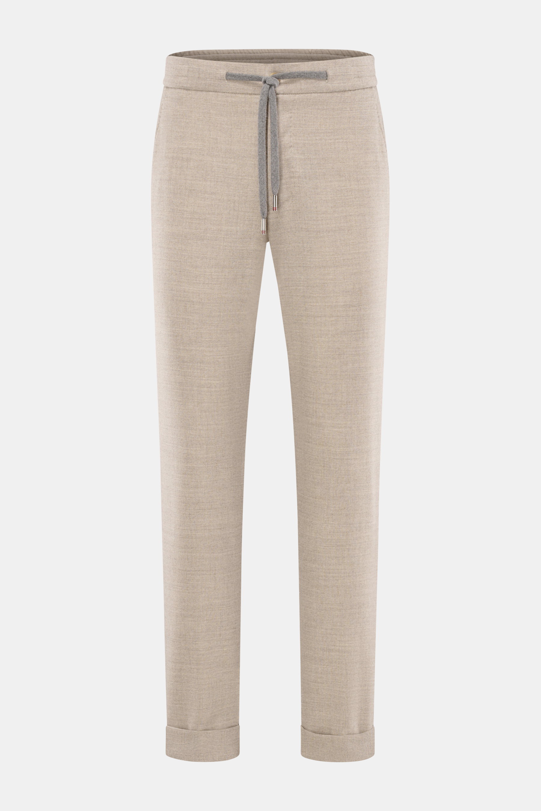 Front view of Marco Pescarolo Wool Jogpants 'Caracciolo' beige melange, elegant jogpants blending virgin wool and cashmere. Features elastic high waistband with grey drawstring, zip fly, button, French pockets, zipped back pockets, fixed hem cuff, slim ta