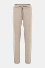 Marco Pescarolo Woll-Jogpants 'Caracciolo' beige meliert, frontal fotografiert, schmal zulaufend mit elastischem Bund, Tunnelzug, Zip Fly, Taschen.