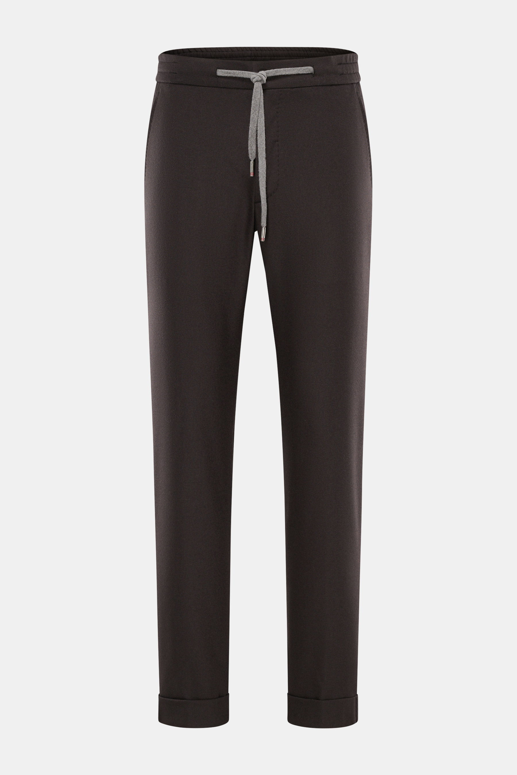 Front view of Marco Pescarolo Wool Jogpants 'Caracciolo' grey brown with elastic drawstring waistband, zip fly, French pockets, and fixed cuffs.

Description:  
<p>The elegant 'Caracciolo' jogpants of the Italian label MARCO PESCAROLO combines fine virgin