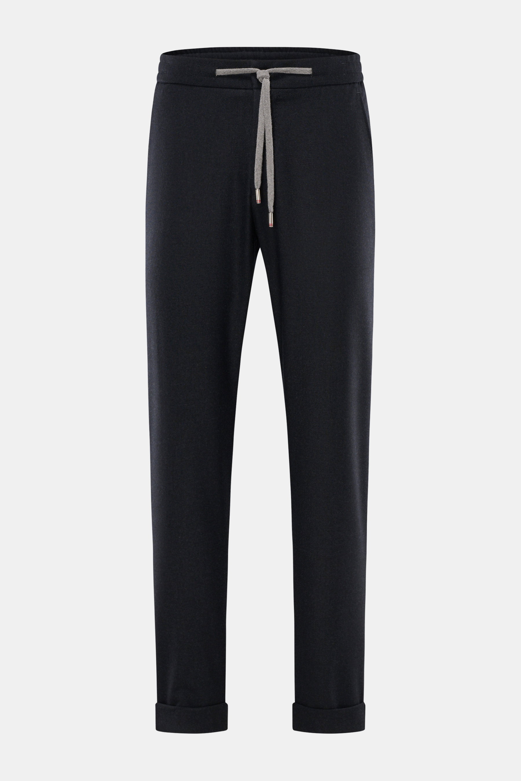 Frontale Nahaufnahme der Marco Pescarolo Cashmere Jogpants 'Caracciolo' navy meliert mit elastischem Bund, Tunnelzug und fixiertem Saumaufschlag.