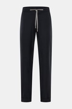 Frontale Nahaufnahme der Marco Pescarolo Cashmere Jogpants 'Caracciolo' navy meliert mit elastischem Bund, Tunnelzug und fixiertem Saumaufschlag.