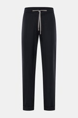 Frontale Nahaufnahme der Marco Pescarolo Cashmere Jogpants 'Caracciolo' navy meliert mit elastischem Bund, Tunnelzug und fixiertem Saumaufschlag.