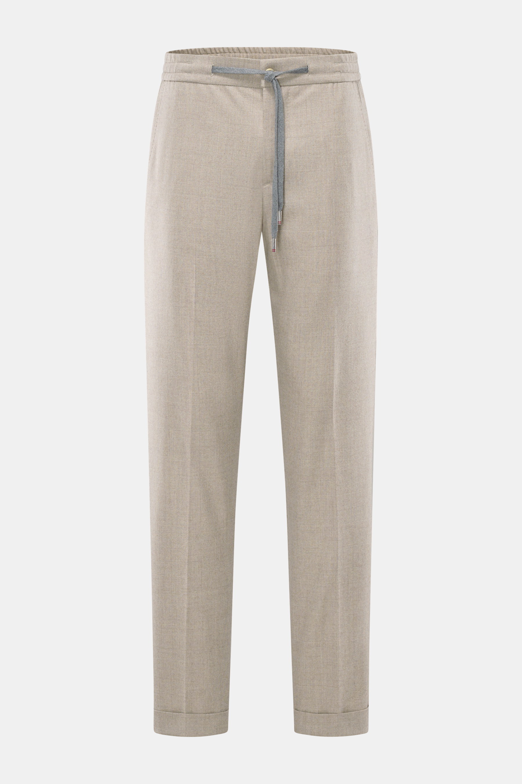 Marco Pescarolo Cashmere Jogpants 'Caracciolo' beige meliert, frontale Nahaufnahme, schmal zulaufend, elastischer Bund mit Tunnelzug, tonales Karo, Regular Fit.
