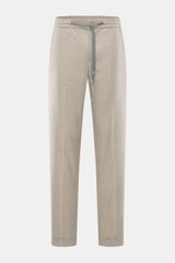 Marco Pescarolo Cashmere Jogpants 'Caracciolo' beige meliert, frontale Nahaufnahme, schmal zulaufend, elastischer Bund mit Tunnelzug, tonales Karo, Regular Fit.