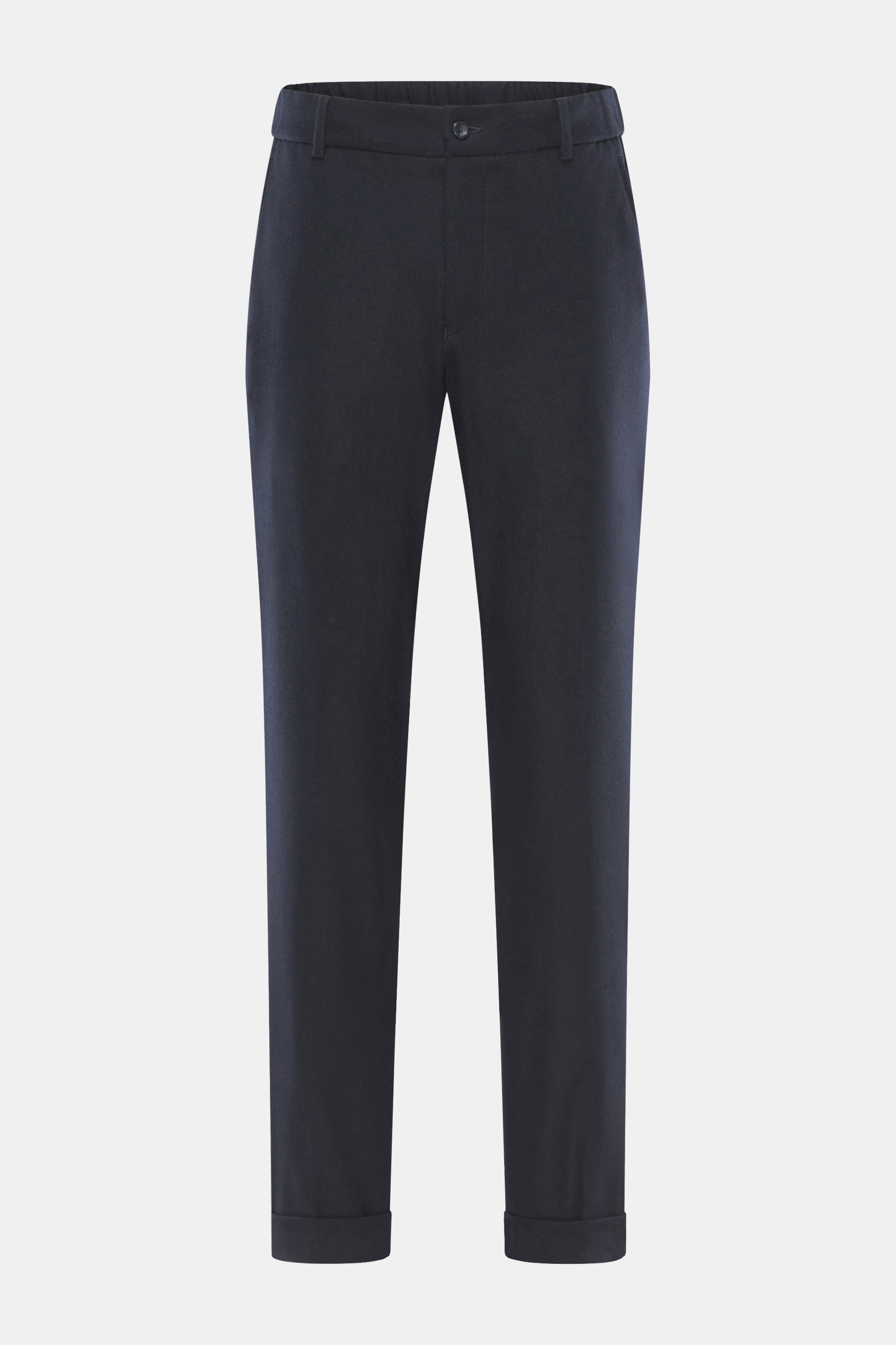 Marco Pescarolo Cashmere-Jogpants 'Manu' navy, frontale Ansicht, softer Cashmere, elastische Qualität, weicher Griff, Regular Fit, Reißverschluss, Bundknopf, elastischer Bund mit Tunnelzug, französische Taschen, Gesäßtaschen mit Knopf, fixierter Saumaufsc