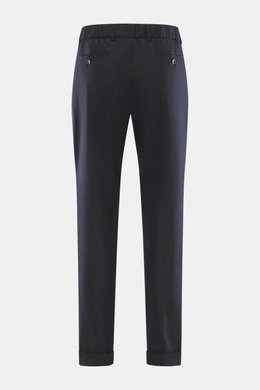 Rückansicht der Marco Pescarolo Cashmere-Jogpants 'Manu' navy, softer Cashmere, elastische Qualität, weicher Griff, Regular Fit, Reißverschluss, Bundknopf, elastischer Bund mit Tunnelzug, französische Taschen, Gesäßtaschen mit Knopf, fixierter Saumaufschl