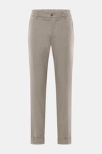Marco Pescarolo Cashmere-Jogpants 'Manu' taupe meliert, Frontansicht, softer Cashmere, elastische Qualität, weicher Griff, Regular Fit, Reißverschluss, Bundknopf, elastischer Bund, Tunnelzug, französische Taschen, Gesäßtaschen mit Knopf, fixierter Saumauf