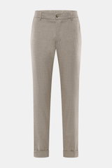 Marco Pescarolo Cashmere-Jogpants 'Manu' taupe meliert, Frontansicht, softer Cashmere, elastische Qualität, weicher Griff, Regular Fit, Reißverschluss, Bundknopf, elastischer Bund, Tunnelzug, französische Taschen, Gesäßtaschen mit Knopf, fixierter Saumauf