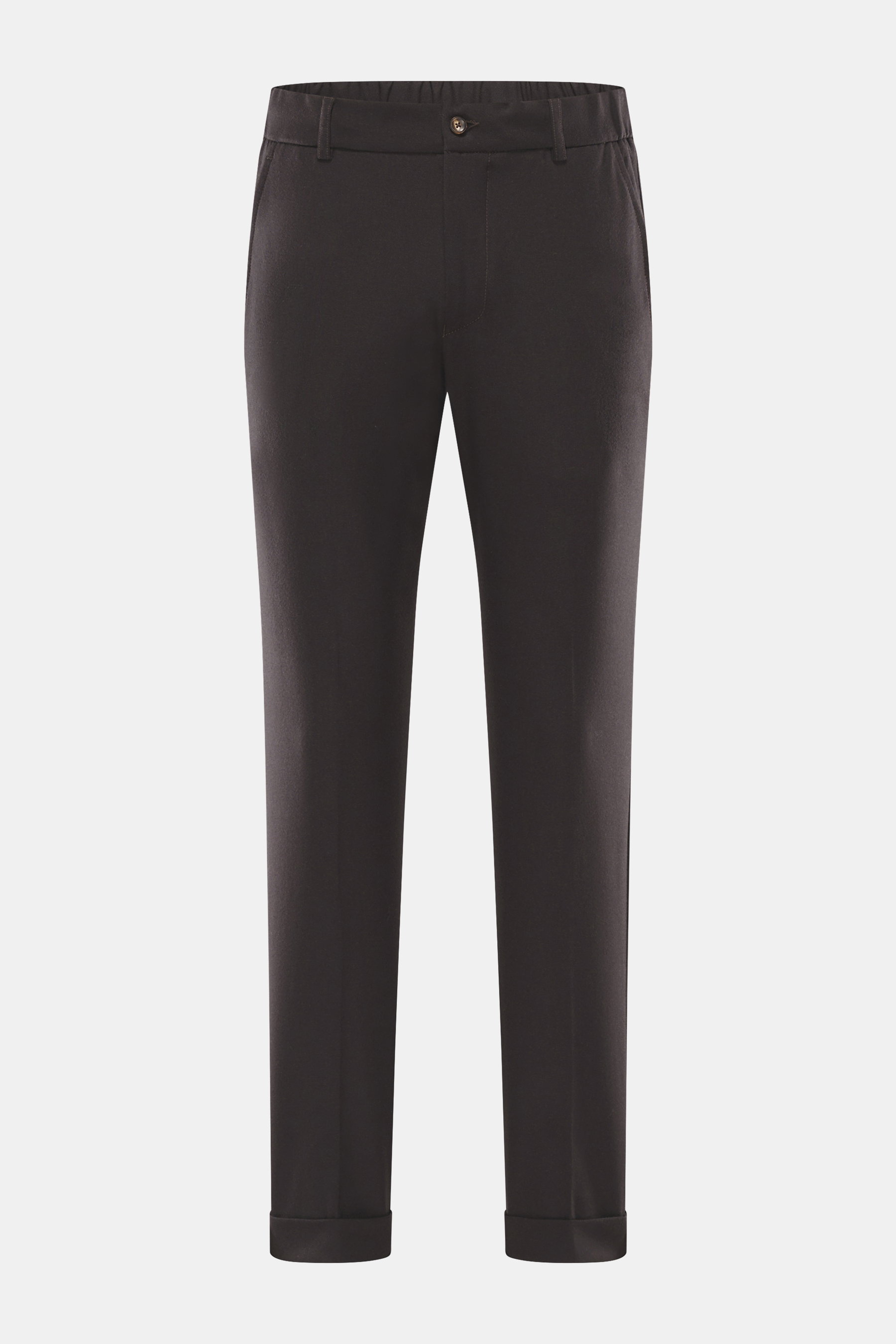 Marco Pescarolo Cashmere-Jogpants "Manu" dunkelbraun, frontale Ansicht, softer Cashmere, elastische Qualität, weicher Griff, Regular Fit, Reißverschluss, Bundknopf, elastischer Bund mit Tunnelzug, französische Taschen, Gesäßtaschen mit Knopf, fixierter Sa