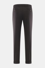 Marco Pescarolo Cashmere-Jogpants 'Manu' dunkelbraun, Rückansicht, softer Cashmere, elastische Qualität, weicher Griff, Regular Fit, Reißverschluss, Bundknopf, elastischer Bund, französische Taschen, Gesäßtaschen mit Knopf, fixierter Saumaufschlag.