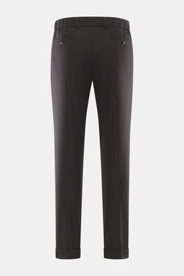 Marco Pescarolo Cashmere-Jogpants 'Manu' dunkelbraun, Rückansicht, softer Cashmere, elastische Qualität, weicher Griff, Regular Fit, Reißverschluss, Bundknopf, elastischer Bund, französische Taschen, Gesäßtaschen mit Knopf, fixierter Saumaufschlag.