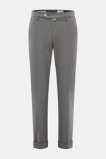 Front view of Jacob Cohen Wool Pants 'Jannik' Gray Mélange, slim fit slightly elastic wool with waistband button, zipper, elastic inserts, french pockets, piped coin and back pockets, soft feel, small calf leather patch, fine slim cut.