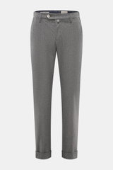 Front view of Jacob Cohen Wool Pants 'Jannik' Gray Mélange, slim fit slightly elastic wool with waistband button, zipper, elastic inserts, french pockets, piped coin and back pockets, soft feel, small calf leather patch, fine slim cut.