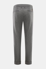 Rear view of Jacob Cohen Wool Pants 'Jannik' Gray Mélange, slim fit wool pants with tapered legs, piped pockets, leather patch, and elastic waistband inserts.