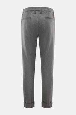 Rear view of Jacob Cohen Wool Pants 'Jannik' Gray Mélange, slim fit wool pants with tapered legs, piped pockets, leather patch, and elastic waistband inserts.
