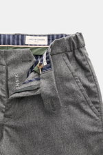 Close-up top view of Jacob Cohen Wool Pants 'Jannik' Gray Mélange showing waistband, button, zipper, and label, crafted from slightly elastic wool with a soft feel, slim tapered fit, elastic waistband inserts, French pockets, piped coin and back pockets, 