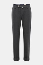 Front view of Jacob Cohen Wool pants 'Jannik' dark grey melange, slim fit wool pants with elastic waistband inserts, zipper, button, French pockets, welt coin and back pockets, and calf leather patch.