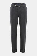 Front view of Jacob Cohen Wool pants 'Jannik' dark grey melange, slim fit wool pants with elastic waistband inserts, zipper, button, French pockets, welt coin and back pockets, and calf leather patch.