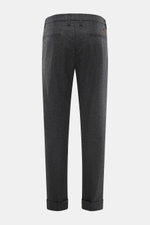 Back view of Jacob Cohen Wool pants 'Jannik' dark grey melange, showcasing slim fit, tapered cut, French pockets, welt back pockets, and calf leather patch. Precise Italian craftsmanship with slightly elastic wool, soft feel, zipper and button, and elasti