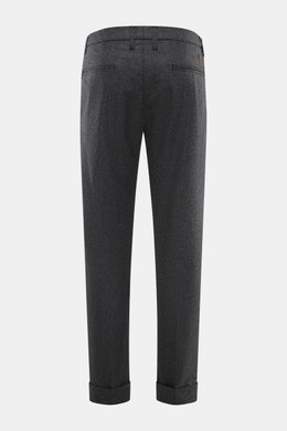 Back view of Jacob Cohen Wool pants 'Jannik' dark grey melange, showcasing slim fit, tapered cut, French pockets, welt back pockets, and calf leather patch. Precise Italian craftsmanship with slightly elastic wool, soft feel, zipper and button, and elasti