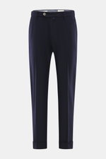 Front view of Jacob Cohen Wool pants 'Jannik' dark grey melange, showcasing slim fit, tapered cut, zipper, button, elastic waistband, French pockets, welt coin and back pockets, soft slightly elastic wool with calf leather patch. Precise Italian craftsman