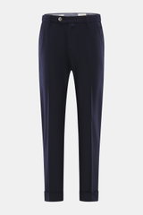 Front view of Jacob Cohen Wool pants 'Jannik' dark grey melange, showcasing slim fit, tapered cut, zipper, button, elastic waistband, French pockets, welt coin and back pockets, soft slightly elastic wool with calf leather patch. Precise Italian craftsman