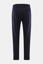 Rear view of Jacob Cohen Wool pants 'Jannik' dark grey melange, slim fit with slightly elastic wool, French pockets, welt back pockets, waistband button, zipper, elastic inserts, and small calf leather patch, showcasing precise Italian craftsmanship.
