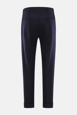 Rear view of Jacob Cohen Wool pants 'Jannik' dark grey melange, slim fit with slightly elastic wool, French pockets, welt back pockets, waistband button, zipper, elastic inserts, and small calf leather patch, showcasing precise Italian craftsmanship.