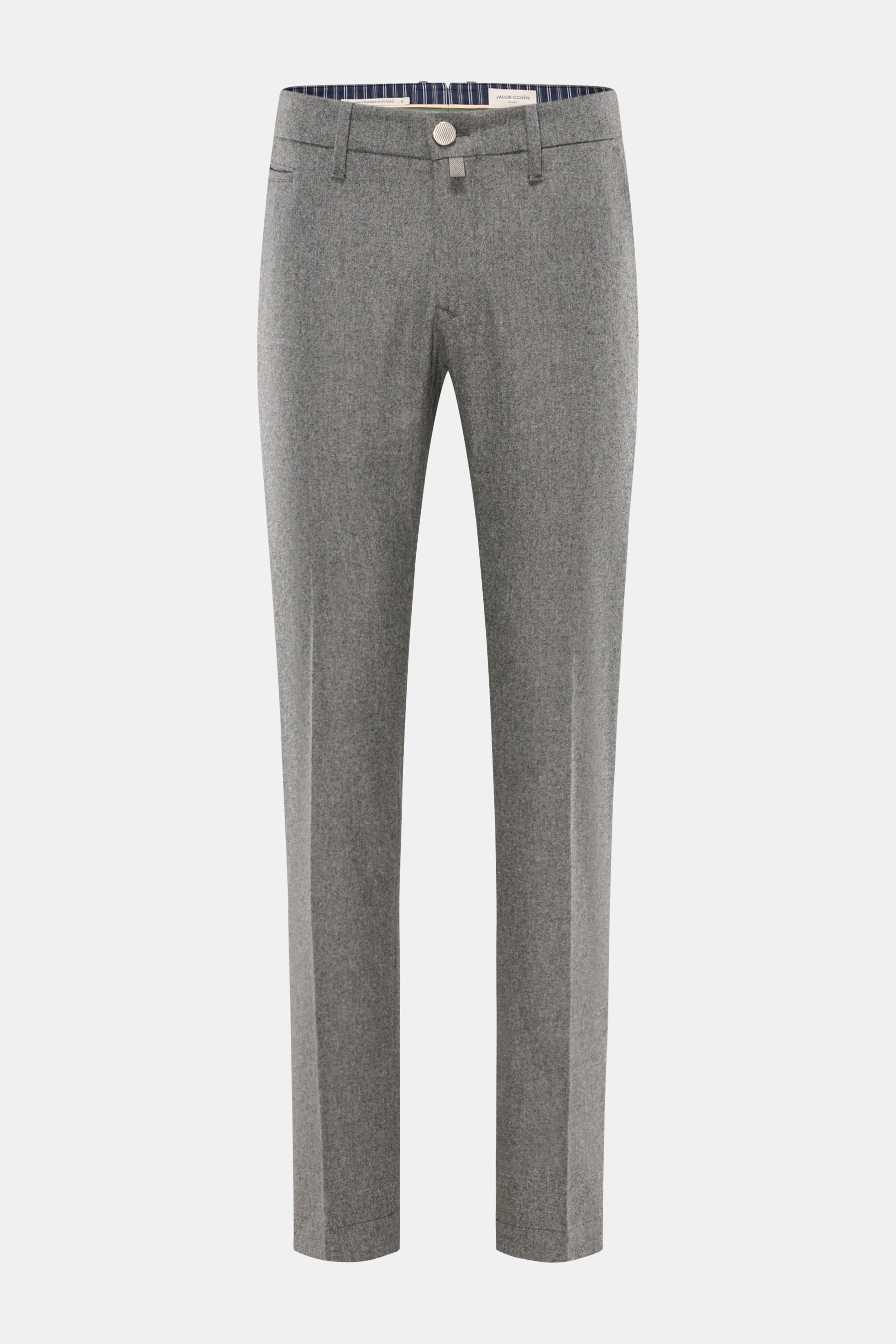Front view of Jacob Cohen Wool Trousers 'Bobby' navy, made of lightly elastic wool with a very soft touch, regular fit, straight cut, zipper and waistband button, French pockets, piped coin pocket, welt pockets at the back, and a small calfskin patch. Pre