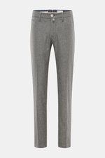 Front view of Jacob Cohen Wool Trousers 'Bobby' navy, made of lightly elastic wool with a very soft touch, regular fit, straight cut, zipper and waistband button, French pockets, piped coin pocket, welt pockets at the back, and a small calfskin patch. Pre