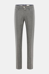 Front view of Jacob Cohen Wool Trousers 'Bobby' navy, made of lightly elastic wool with a very soft touch, regular fit, straight cut, zipper and waistband button, French pockets, piped coin pocket, welt pockets at the back, and a small calfskin patch. Pre