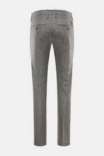 Jacob Cohen Wool Trousers 'Bobby' navy shown from the back, made of lightly elastic wool with a regular straight cut, French pockets, piped coin pocket, welt back pockets, zipper and button, and a small calfskin patch. 

<p>Precise Italian craftsmanship