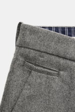Close-up back view of Jacob Cohen Wool Trousers 'Bobby' navy in grey, showcasing precise Italian craftsmanship with lightly elastic wool, soft touch, regular fit, straight cut, French pockets, piped coin pocket, welt pockets, zipper, waistband button, and