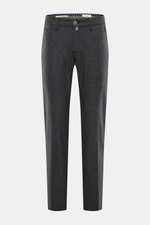 Front view of Jacob Cohen Wool Trousers 'Bobby' Dark Grey Mélange, made of slightly elastic wool, very soft touch, regular fit, straight cut, with zipper and waistband button, french pockets, welted coin pocket, welted back pockets, and a small calf leath